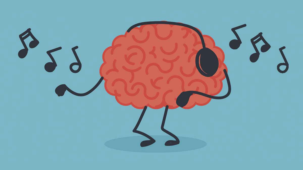 Image of a cartoon brain dancing while listening to music through headphones